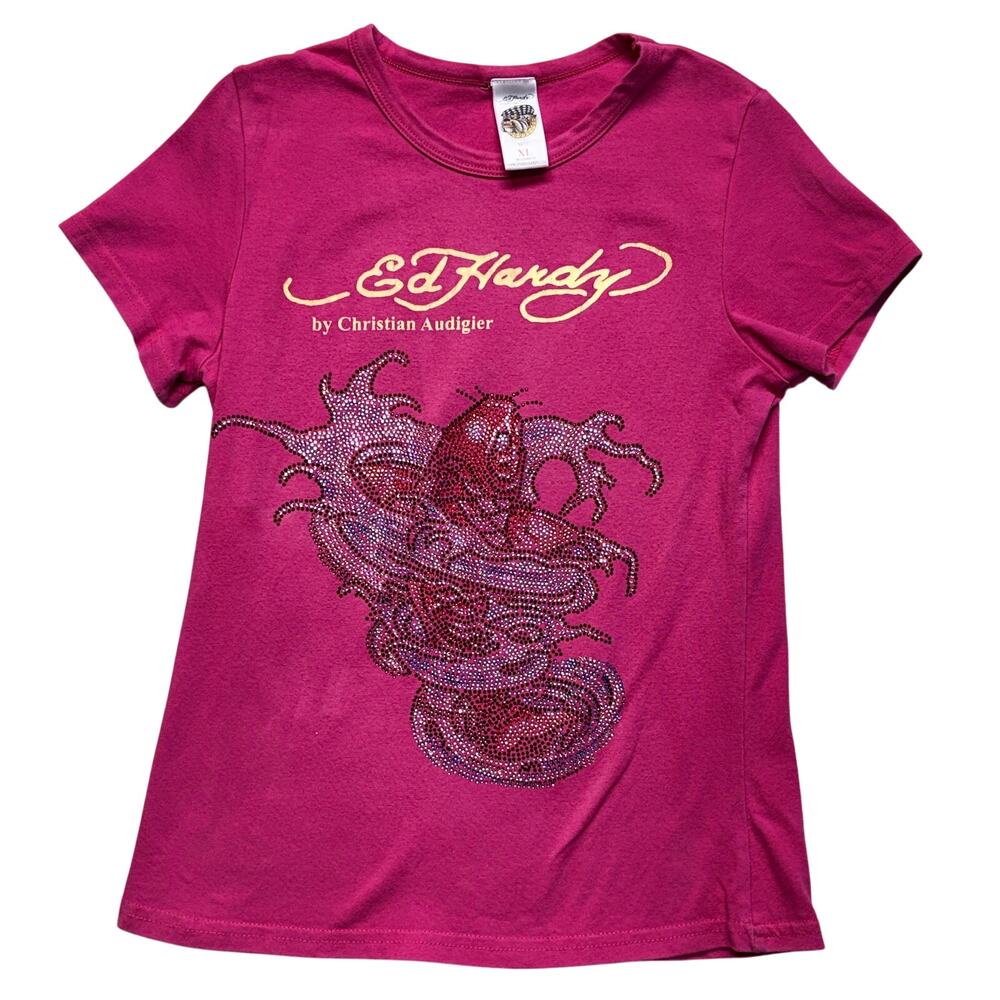Ed Hardy by Christian Audigier T Shirt XL Girls Youth Pink Koi Rhinestones USA